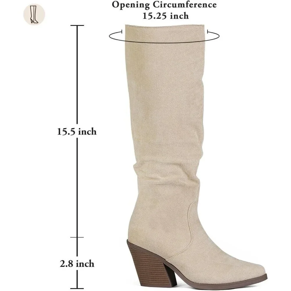 Women's Beige Faux Suede Chunky Heel Boots Side Zipper Slouchy Knee High Boots